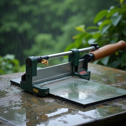 타일 커터, 도구, DIY 장비, 비 내리는 숲속, 무성한 녹지, 자연광, 현실적인 젖은 질감