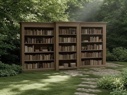 평화로운 영국식 정원에 있는 파티션 책장