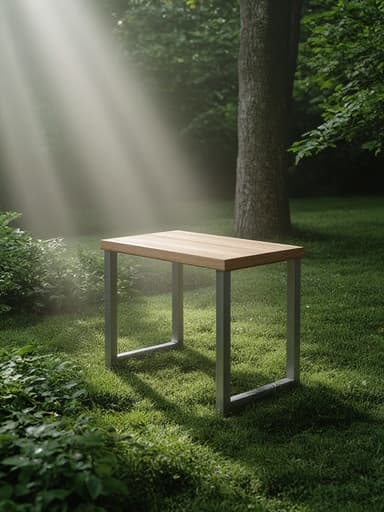 캠핑 테이블, 실외 장비, 아침 이슬이 맺힌 정원, 무성한 녹지, 부드럽고, 고요하며, 자연스러운