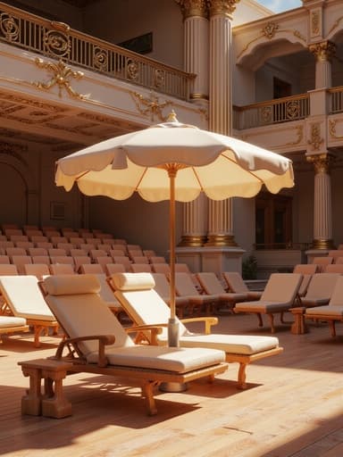해변 파라솔, 야외, 레저, 클래식 오케스트라 홀 설정, 부드러운 햇빛, 부드러운 반사
