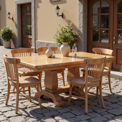 4인용 식탁, 가구, 홈 데코, 이탈리아 광장, 자갈길 포장, 오후 햇빛, 따뜻한 톤, 부드러운 그림자