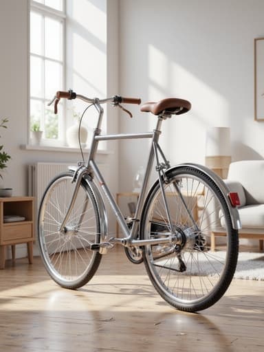 실내 자전거, 북유럽 스타일 거실, 현대적, 차분한, 자연광