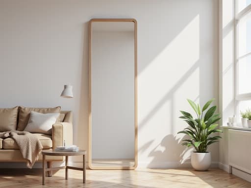 전신 거울, 가구, 목재 바닥, 밝은 창문 반사, 부드러운 자연광, 자연스러운 그림자