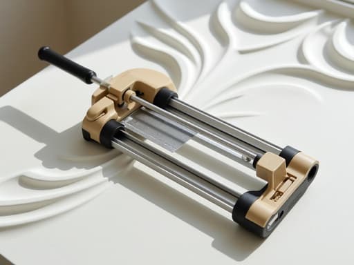 타일 커터, 정밀 도구, 산업 도구, 매끄럽고 부드러운 곡선 흐름이 있는 표면, 전문가적, 정밀한, 깔끔한