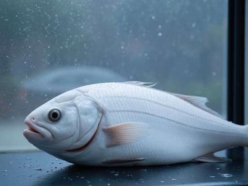흰살 생선, 식품, 밀키트, 비 내리는 창문, 빗방울, 바깥 블러리, 흐린 날씨, 부드러운 확산 조명, 우울한, 차분한