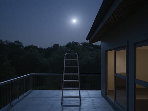 접이식 사다리, 별이 보이는 테라스, 달빛 분위기, 차가운 색조