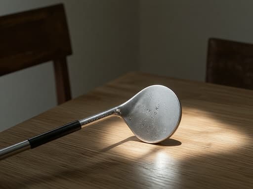 골프 클럽, 아웃도어 스포츠, 장비, 빈티지 카페 테이블 위에 놓여 있음, 자연스러운 나무 결, 따뜻하고 섬세하며 현실적임