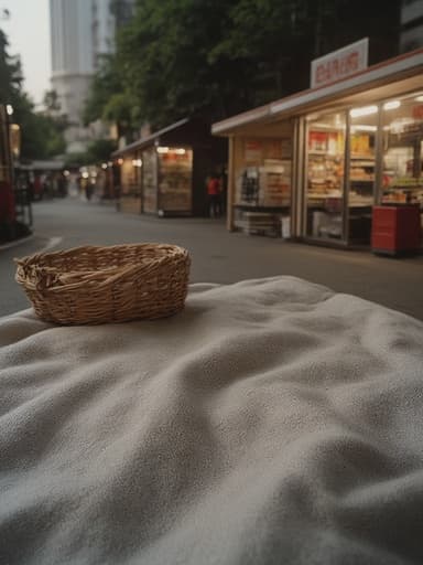 피크닉 담요, 아웃도어, 레저, 거리 음식 시장, 저녁의 빛남, 분위기 있는 조명, 거리 노점상, 북적이는 분위기, 따뜻한 톤, 부드러운 그림자