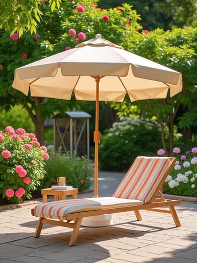 해변 파라솔, 야외, 여가, 활기찬 꽃이 만발한 정원, 평화롭고 초대하는