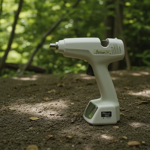 무선 글루건, 도구, DIY, 휴대용. 따뜻한 여름 숲속 오솔길, 햇빛이 비치는 빛, 흙길, 생생한 녹색 잎. 평온하고 자연스러운.