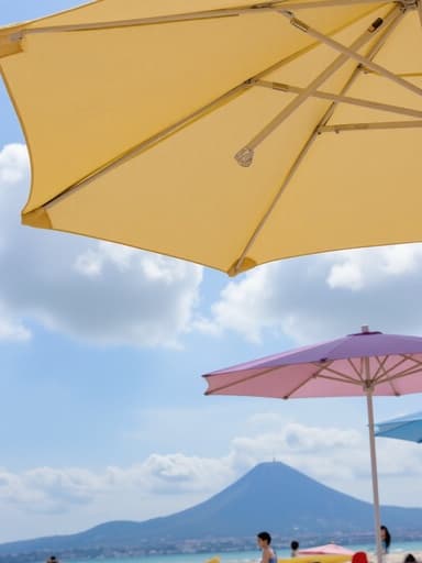 해변 파라솔, 아웃도어 레저, 산 정상, 구름 낀 날, 파노라마 전망, 부드러운 햇빛, 부드러운 그림자, 대기 깊이