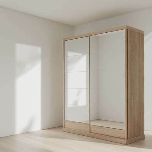 수납장, 거울, 가구, 모던한 화이트 라운지 내부, 미니멀리즘, 우아한 분위기