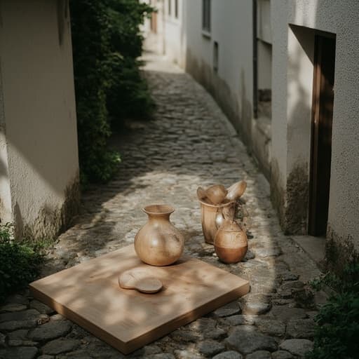 나무 도마, 주방용품, 구시가지의 좁은 자갈길에서, 분위기 있고, 소박하고, 진정성 있는