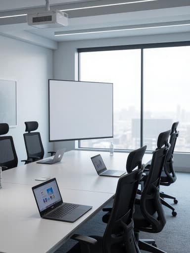 세련된 테이블 위에 노트북이 놓인 현대적인 회의실, 큰 창으로 들어오는 밝은 빛, 검은 의자와 프로젝터 스크린이 있습니다.