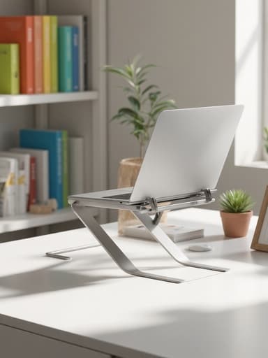 밝은 책상 위의 현대적인 노트북 스탠드와 함께 노트북, 식물, 다채로운 책들이 배경에 있습니다.