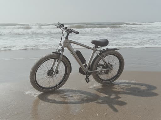 전기 자전거, 차량, 이동수단, 파도가 몰아치는 해변, 역동적인 움직임, 자연