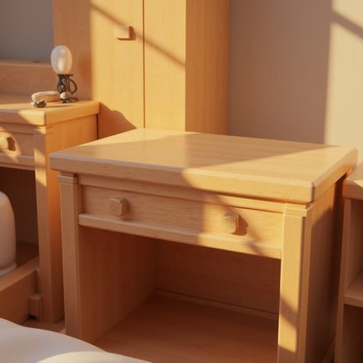 침대 옆 테이블, 가구, 황금빛 노을이 비치는 공간 속 테이블, 부드러운 그림자, 반사 표면