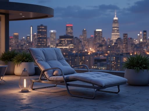 해변 의자, 야외 여가, 루프탑 파티오, 멀리 있는 도시 조명, 야경 배경, 부드러운 주변 조명, 따뜻한 도시의 빛