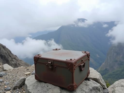 하드웨어 상자, 도구, DIY, 금속 상자 구름으로 덮인 산 정상, 자연 암석 질감, 흩어진 자갈 흐린, 견고한, 자연적인