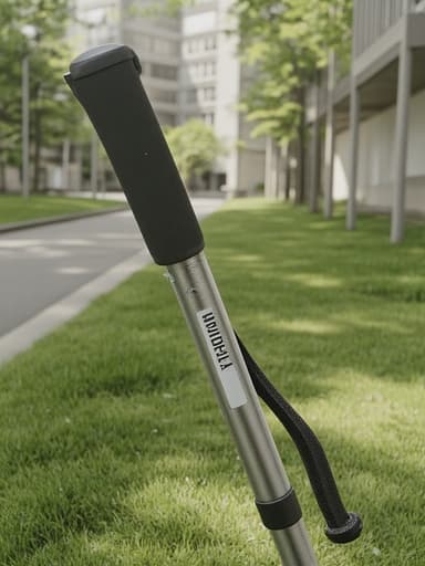 트레킹 폴, 아웃도어 장비, 현대 도시 공원, 이른 아침 빛, 부드러운 그림자, 잔디 위의 이슬