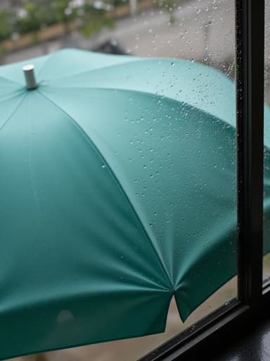 비치 우산, 아웃도어 장비, 비에 젖은 창문, 부드럽고 분위기 있는