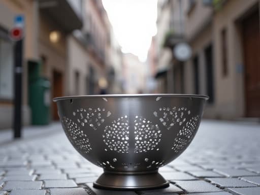 접이식 채반, 주방용품, 스테인리스 스틸; 자갈 깔린 골목길, 도시 거리, 부드러운 오후 햇빛; 자연스러운, 현실적인, 도시의 평온함