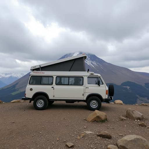 자동차, 이동수단 캠핑카가 구름 낀 산 정상과 험난한 지형 위에 있는 모습, 흐린 조명, 부드러운 그림자.