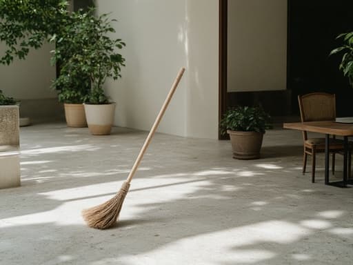 돌 바닥에 빗자루, 고급 레스토랑 테라스의 청소 도구