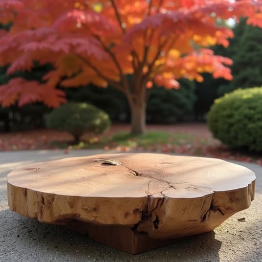 나무로 된 낮은 테이블, 가구, 가을 정원에 생생한 빨간색과 주황색 잎, 부드러운 햇살이 나뭇잎 사이로 스며드는, 아늑하고 자연적이며 고요한 분위기