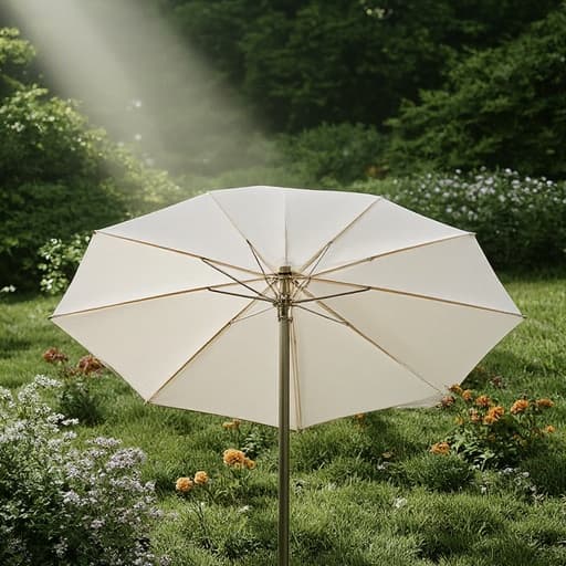 해변 우산, 야외 장비, 햇빛 가리개, 꽃이 만발한 정원의 중심, 부드러운 그늘, 부드러운 미풍.