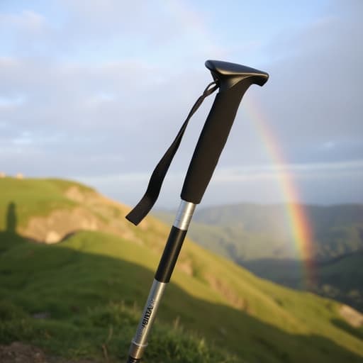 무지개가 뜬 하늘, 흐린 배경, 부드러운 저녁 빛, 부드러운 그림자가 드리우는 분위기 속에서 잔디 언덕에 놓여있는 등산 지팡이, 야외 장비