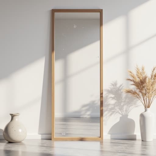 전체 길이 거울, 가구, 안개가 자욱한 아침 배경, 부드러운 빛 확산, 미묘한 그림자