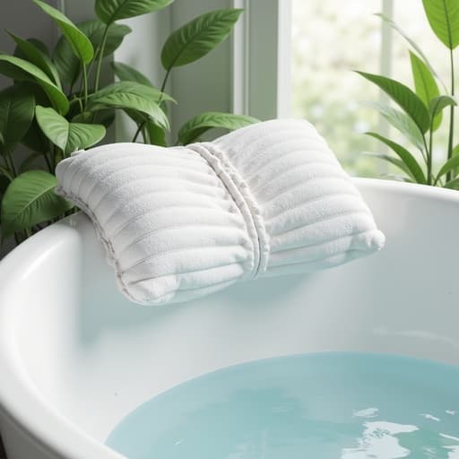 욕조 베개, 욕실, 목욕 액세서리, 백색 도자기 욕조, 신록에 둘러싸인, 평화로운 분위기, 봄의 신록