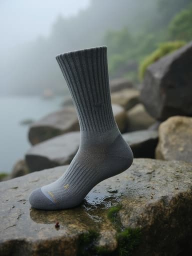 등산 양말, 아웃도어 패션; 이끼로 덮인 바위, 안개가 자욱한 아침; 부드러운 자연광, 분위기 있는