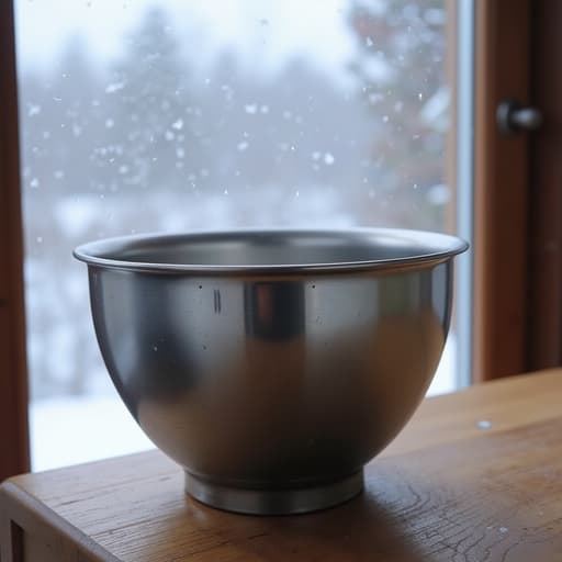 스테인리스 믹싱 볼, 주방용품, 가정용 항목이 나무 테이블 위에 있으며 서리가 난 창문을 통해 보이는 눈송이가 보입니다. 차가운 분위기, 자연스러운 겨울 조명