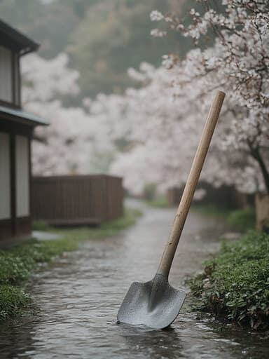 정원 삽, 야외 여가, 도구, 빗물에 젖은 벚꽃길, 고요한