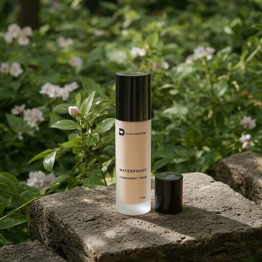 워터프루프 컨실러, 화장품, 울퉁불퉁한 돌로 된 테이블, 울창한 초록색 식물로 둘러싸인, 꽃이 만개한, 나뭇잎을 통해 필터된 자연광, 부드러운 햇빛, 얼룩진 그림자