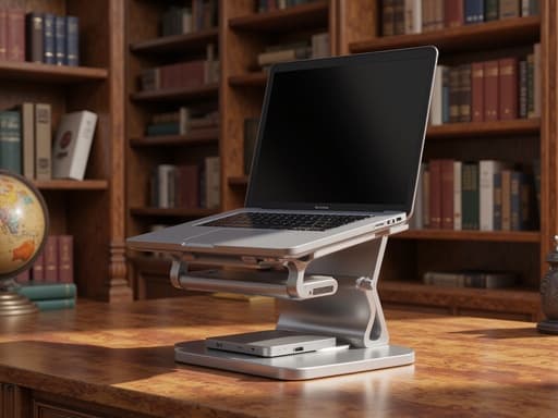 노트북 스탠드, 전자 주변기기 클래식 도서관 설정, 부드러운 주변 조명, 섬세한 그림자.
