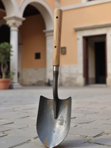 정원 삽, 야외 장비가 이탈리아 광장, 자갈 표면, 지중해 건축, 따뜻한 햇빛, 부드러운 그림자에 배치된 이미지