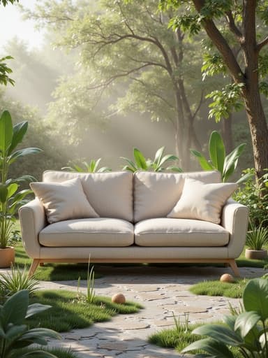 코너 소파, 가구, 안개가 낀 정원, 평화로운 분위기