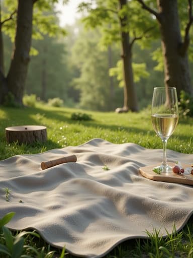 피크닉 담요, 야외 여가 활동, 아침 이슬, 숲속, 고요한 분위기