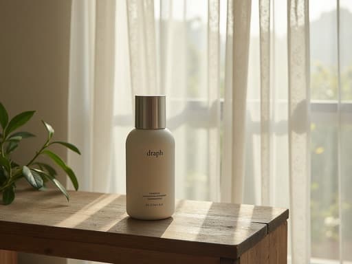 자외선 차단제, 화장품, 스킨케어; 성수동의 고요한 정원, 낡은 나무 벤치, 아침 안개, 하얀 커튼을 통해 들어오는 햇살; 차분하고 고요하며 자연스러운 분위기