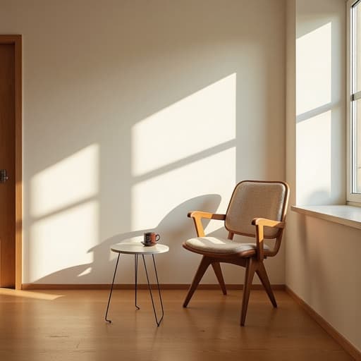 인테리어 의자, 가구 서울의 한 동네 아파트에서 가을 아침, 나무 바닥, 백색 벽 아늑하고 미니멀하며 따뜻한 인스타그램 스타일