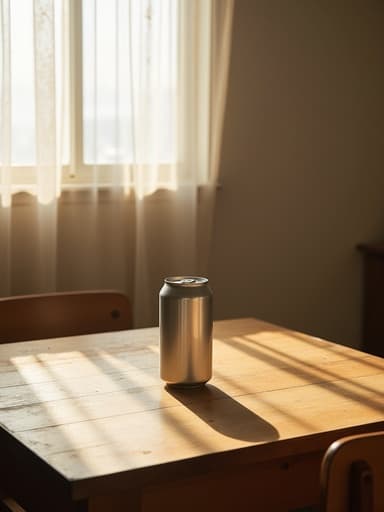캔맥주, 전자기기, 음식, 음료, 낡은 목재 테이블, 햇살 가득한 한남동 공유 주방, 동쪽을 향한 자연 채광, 얇은 커튼, 섬세한 그림자, 아늑한, 에디토리얼, 인스타그램 미학