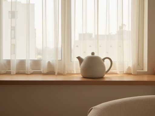 주전자, 주방용품, 광택있는 나무 선반, 얇은 흰색 커튼을 통해 들어오는 햇살, 북촌의 미니멀한 거실, 아늑하고, 에디토리얼 인스타그램 스타일의 미학