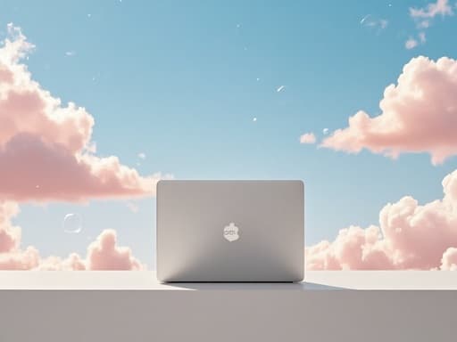 노트북, 디지털 기기, 추상적인 생각 거품 구름이 있는 평화로운 열린 하늘, 영감, 무한