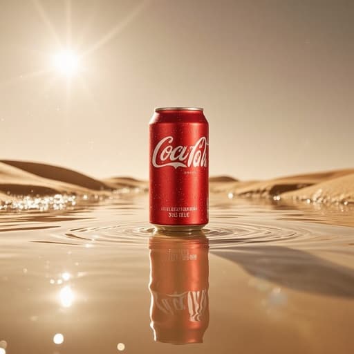 소다 캔, 반사되는 오아시스가 있는 광활한 사막, 상쾌한, 초현실적인, 고립된