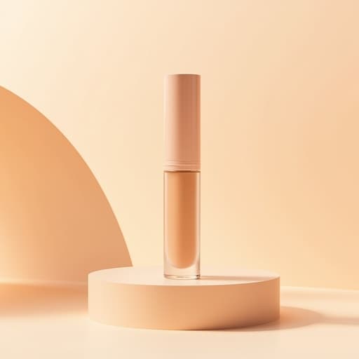 방수 컨실러, 화장품 파스텔 피치 백드롭, 매끄러운 아이보리 색상의 무대, 우아하게 추상적인 배열 프리미엄, 현대적, 따뜻한 확산 스튜디오 조명에 의해 부드럽게 조명됨