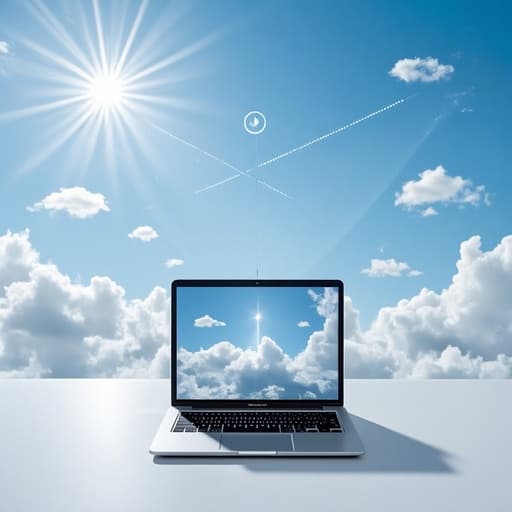 노트북, 부유하는 디지털 구름이 있는 광활하고 탁 트인 하늘 풍경, 초현실적, 혁신적, 미래지향적