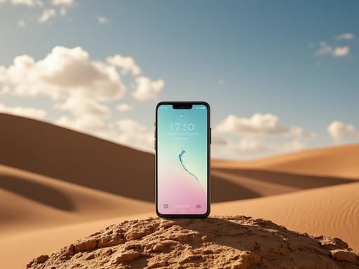 스마트폰, 고요한 사막 오아시스, 평온한, 조용한, 초현실적인